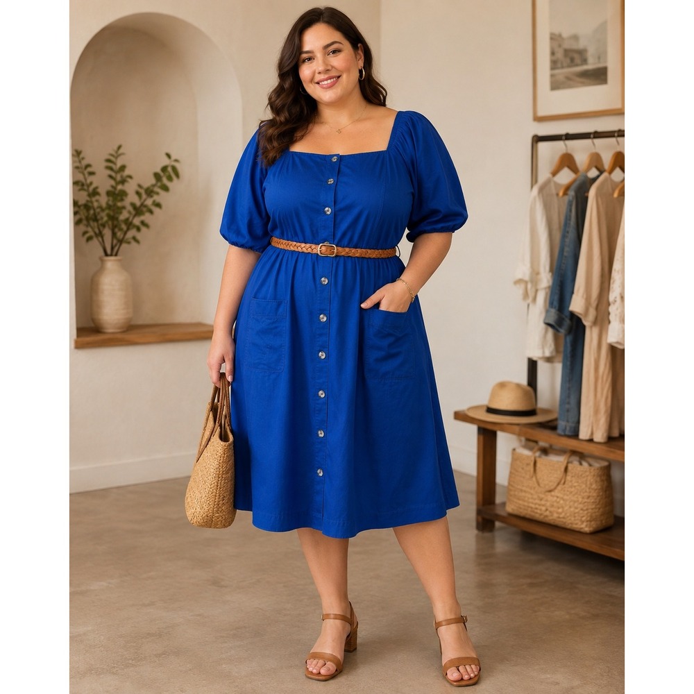 406.Boho Blue Lyocell Button Front Midi Dress Plus Size 5X Smocked Back Belted